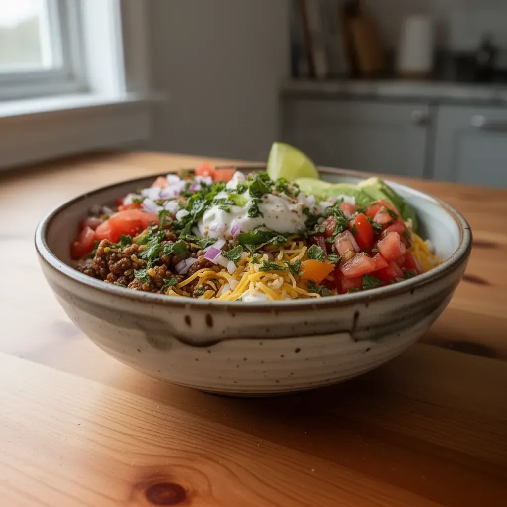 Taco Rice Bowl z soczystym mięsem i świeżymi warzywami