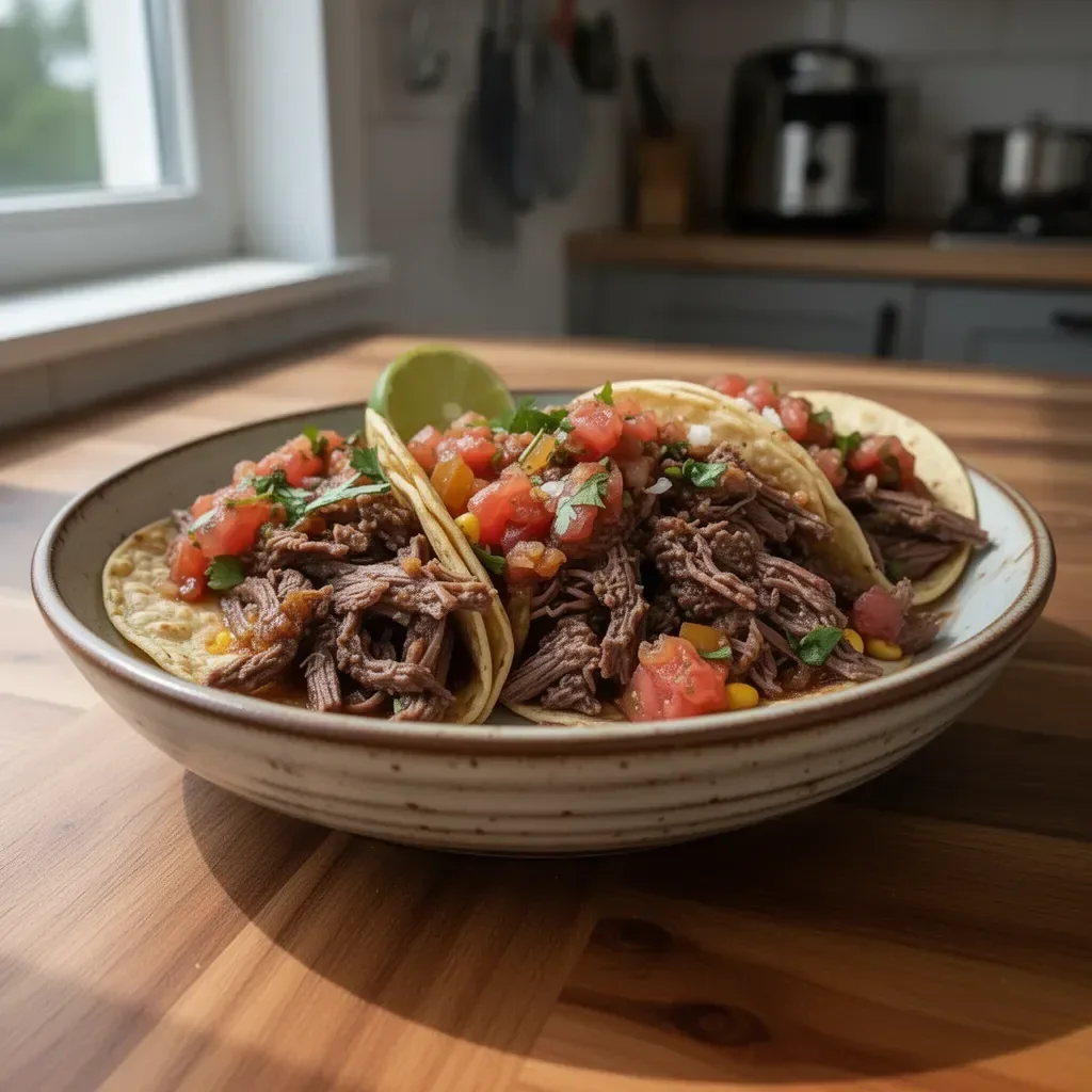 Tacos uliczne z flank stekiem z wolnowaru na talerzu z dodatkami