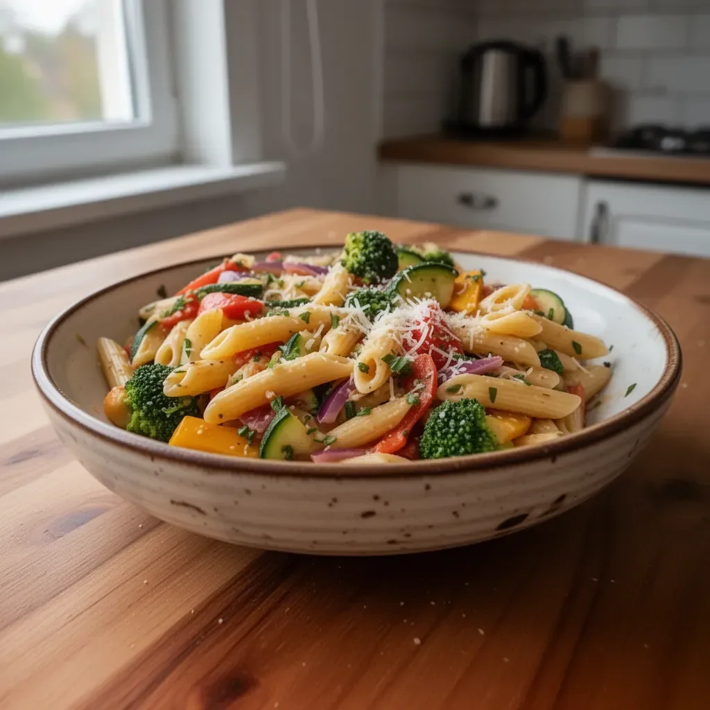 Warzywna Pasta Primavera z kolorowymi warzywami i ziołami na talerzu
