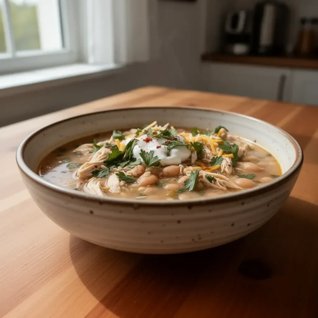 Zupa chili z białego kurczaka w misce z kolorowymi dodatkami
