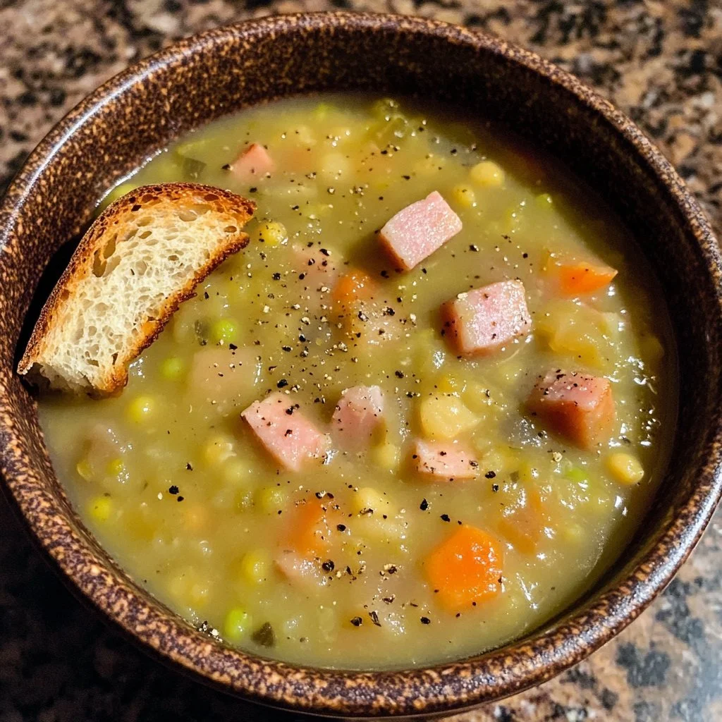 Zupa grochowa z kością szynkową w misce, gotowana z aromatycznymi przyprawami