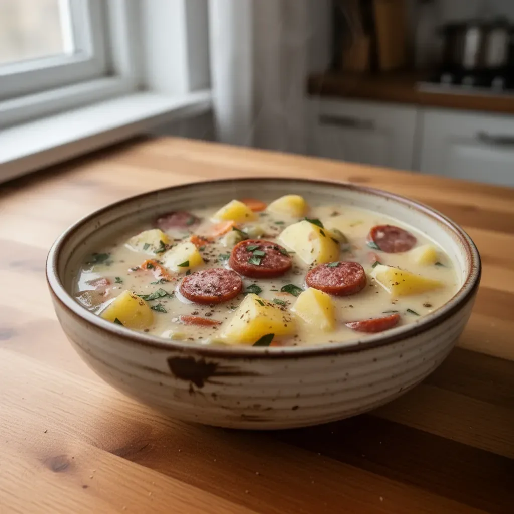 Zupa Kiełbasiana z Ziemniakami w misce, serwowana z natką pietruszki.