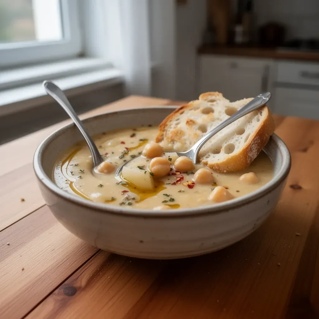 Zupa z ciecierzycy z czosnkiem podana w misce
