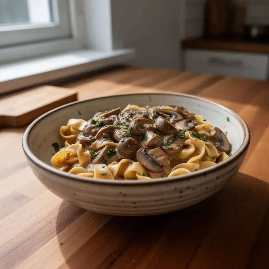 Burgery grzybowe Stroganoff z sosem i dodatkami na talerzu