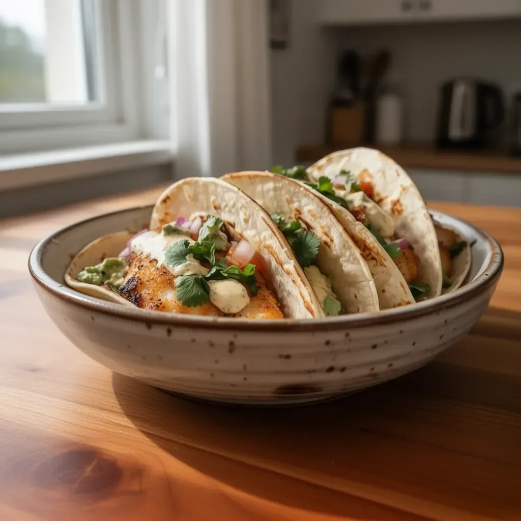 Chrupiące taco z dorsza na talerzu z dodatkami