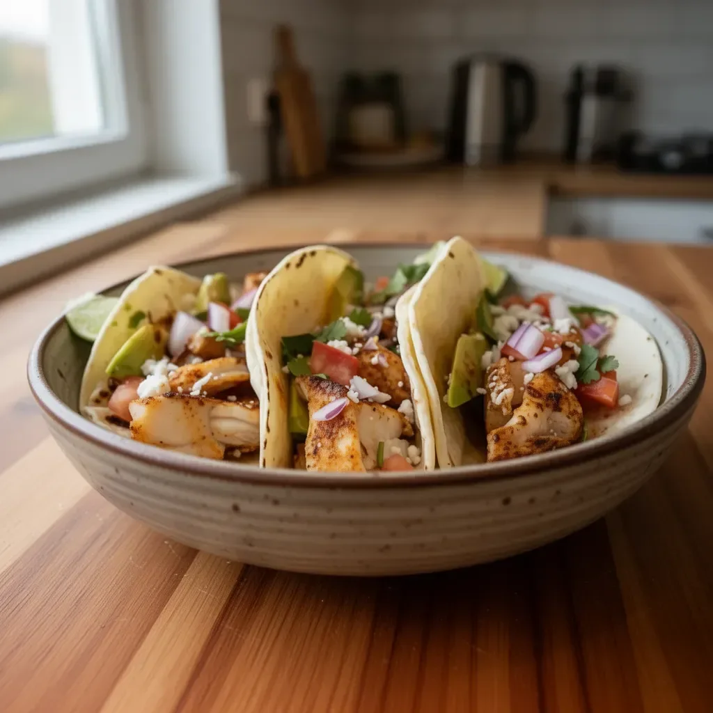 Chrupiące tacos rybne z pikantnym sosem i świeżymi dodatkami