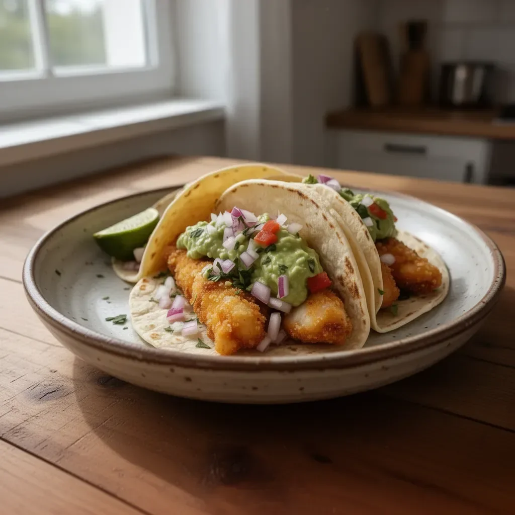 Chrupiące tacos rybne z Baja z kremem awokado na talerzu