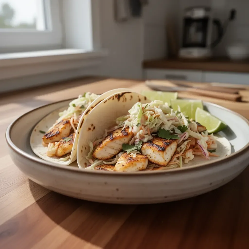 Chrupiące tacos z grillowanej ryby z surówką z kapusty na talerzu