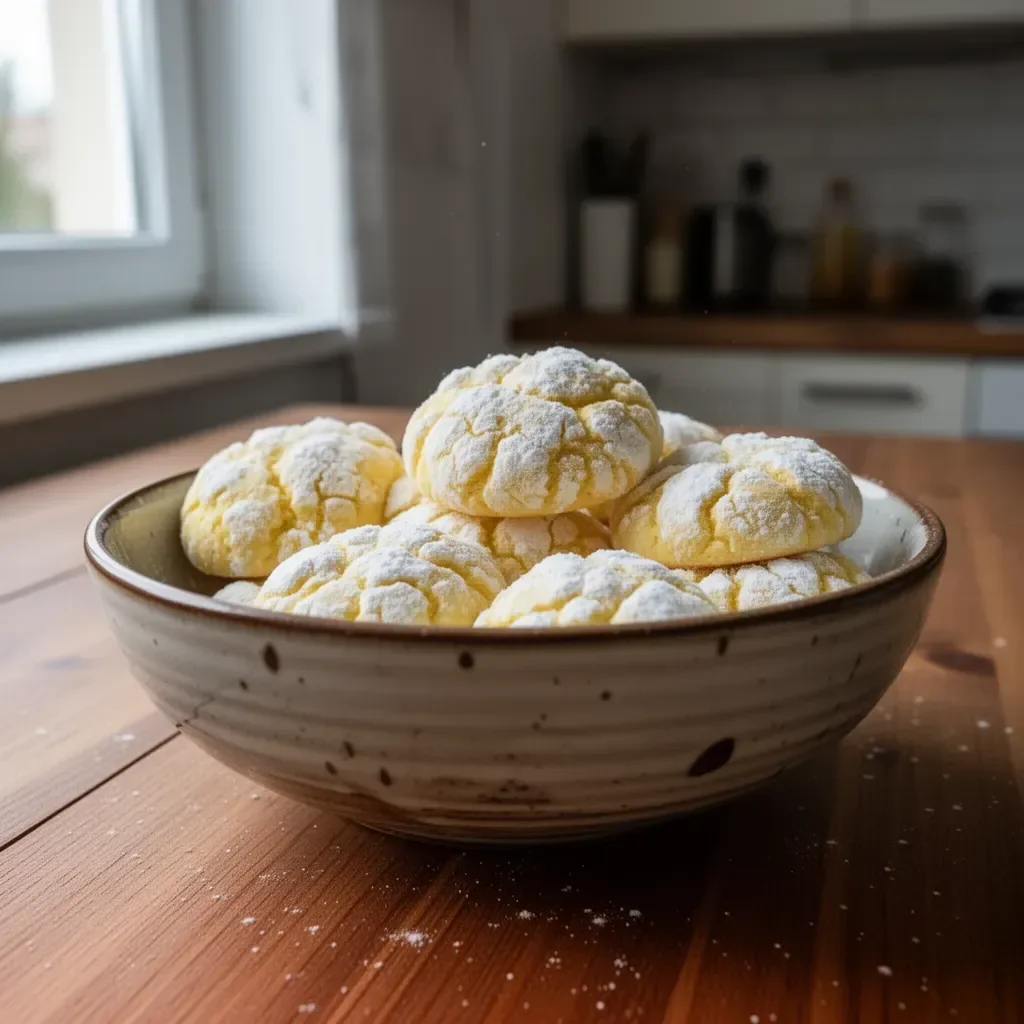 Ciastka cytrynowe crinkle z pudrem cukrowym na talerzu