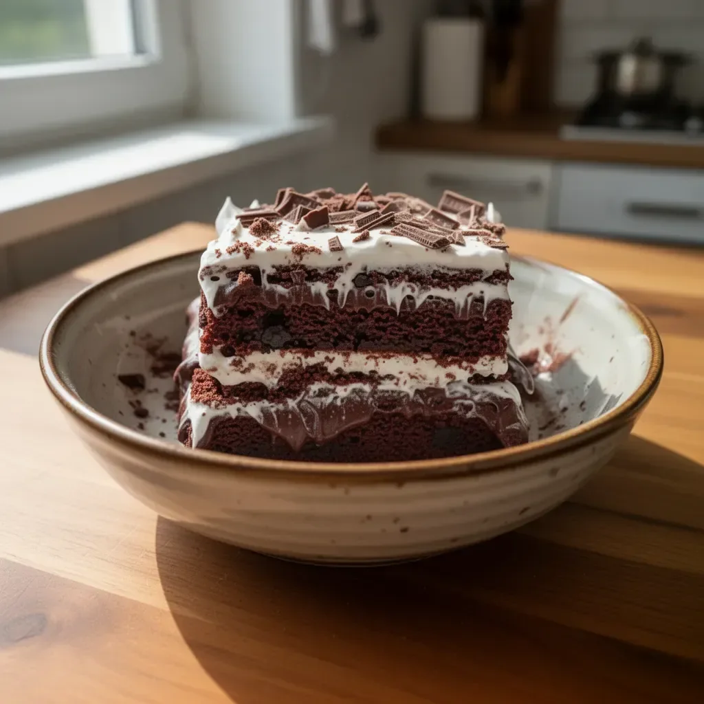 Pyszne ciasto brownie schłodzone w lodówce na talerzu