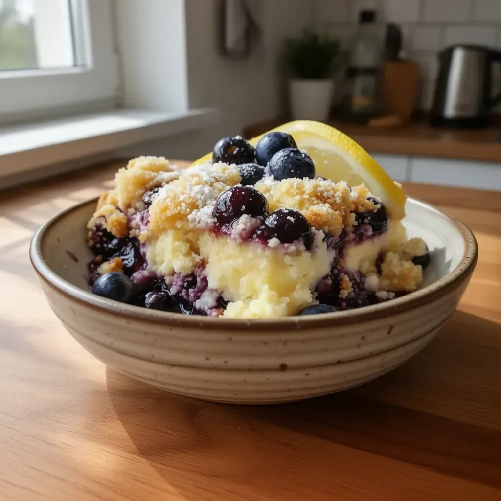 Ciasto z cheesecakiem cytrynowo-borówkowym na talerzu