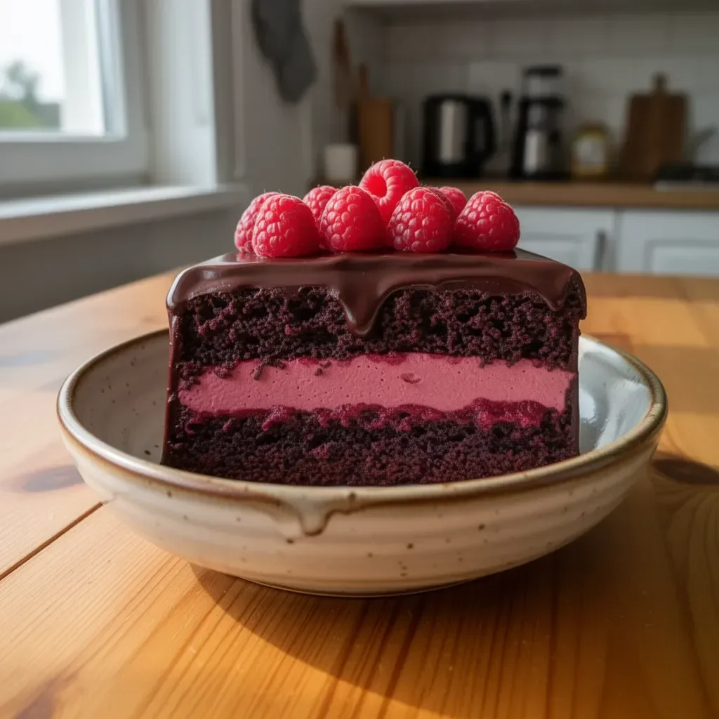 Ciasto Mousse Czekoladowo-Malinowe z kawałkami malin i czekolady