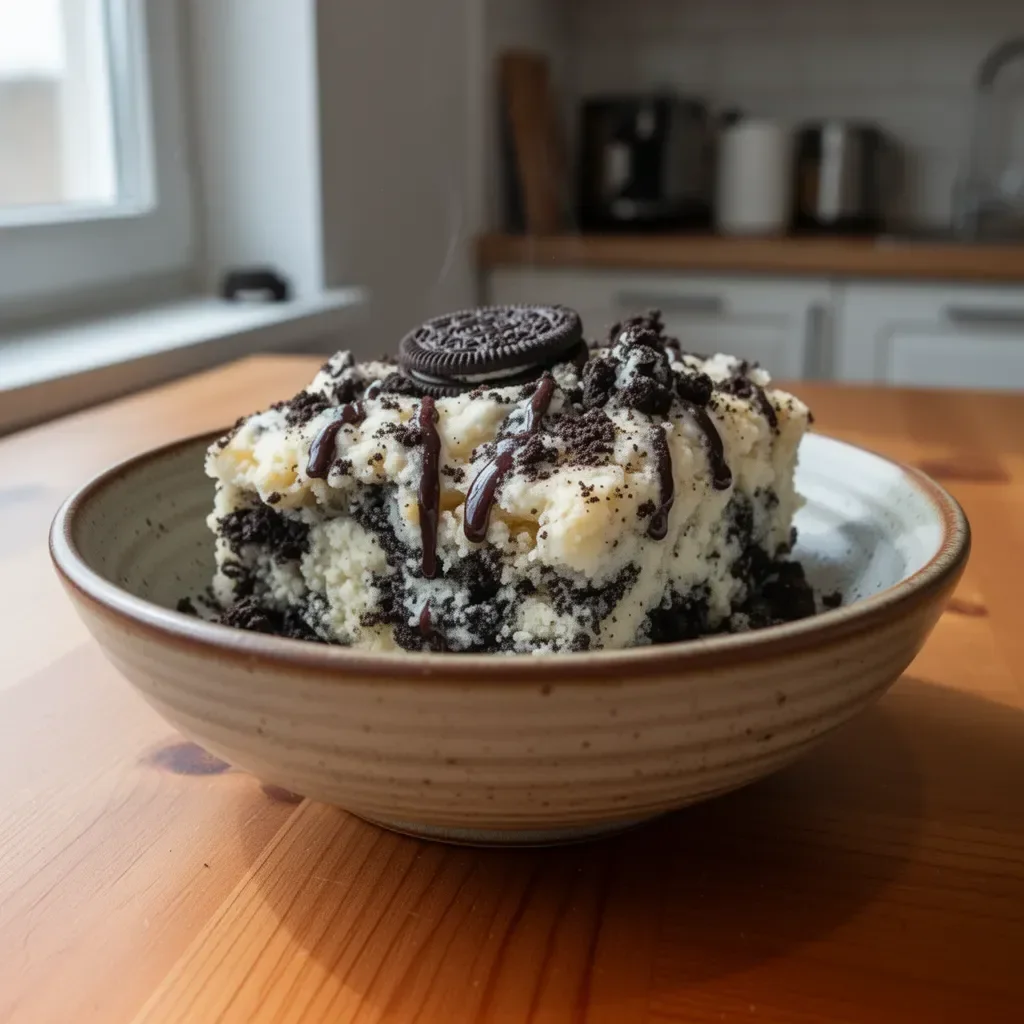Ciasto Zrzut Oreo z pokruszonymi ciasteczkami Oreo na wierzchu.