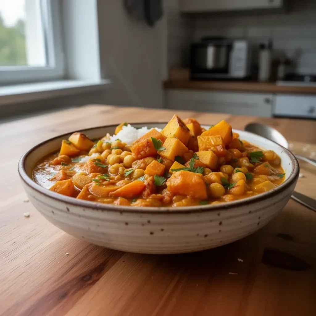 Curry z dyni piżmowej i ciecierzycy na talerzu z dodatkami