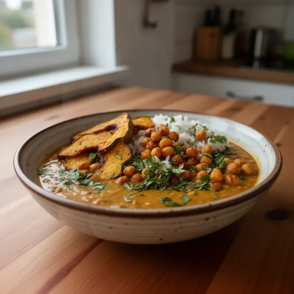 Curry z dyni żołędziowej z soczewicą i pieczonymi ciecierzycami
