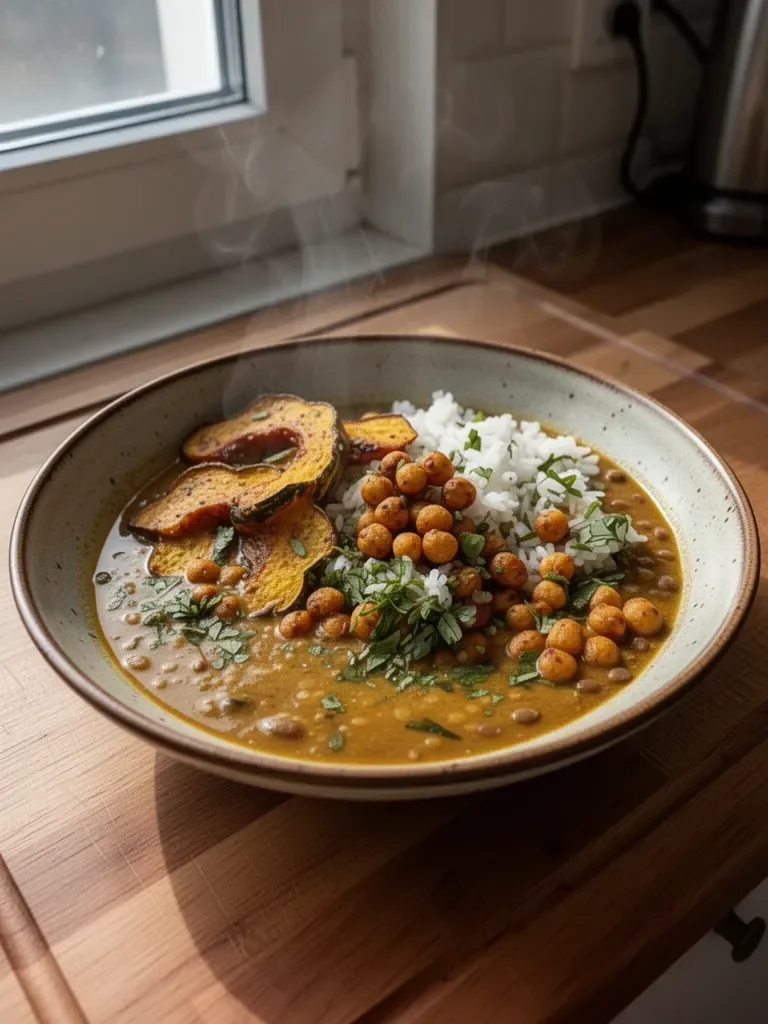 Curry z dyni żołędziowej z soczewicą i pieczonymi ciecierzycami