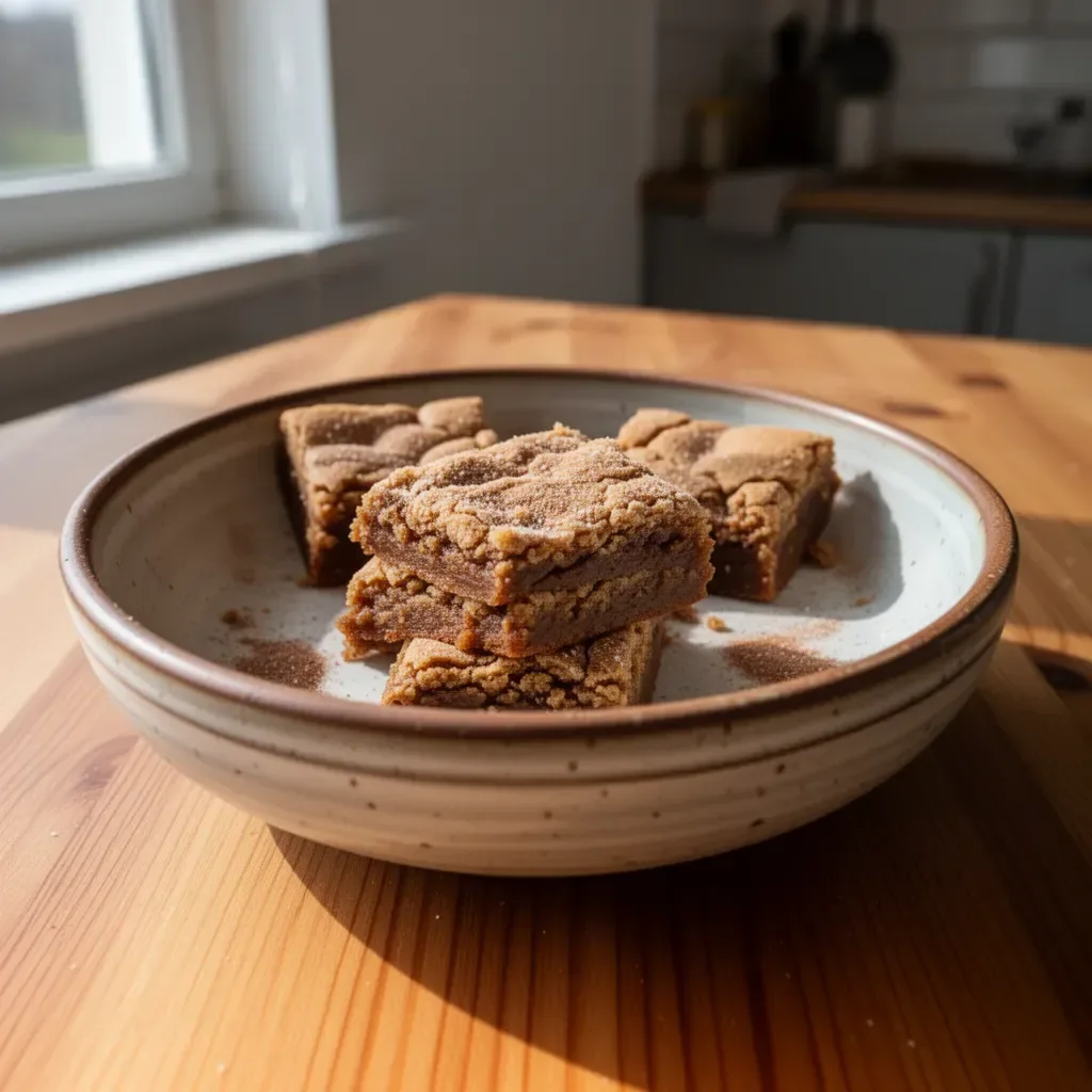 Cynamonowe Blondie z Cukrem na talerzu, pyszne ciasto z dodatkiem cynamonu