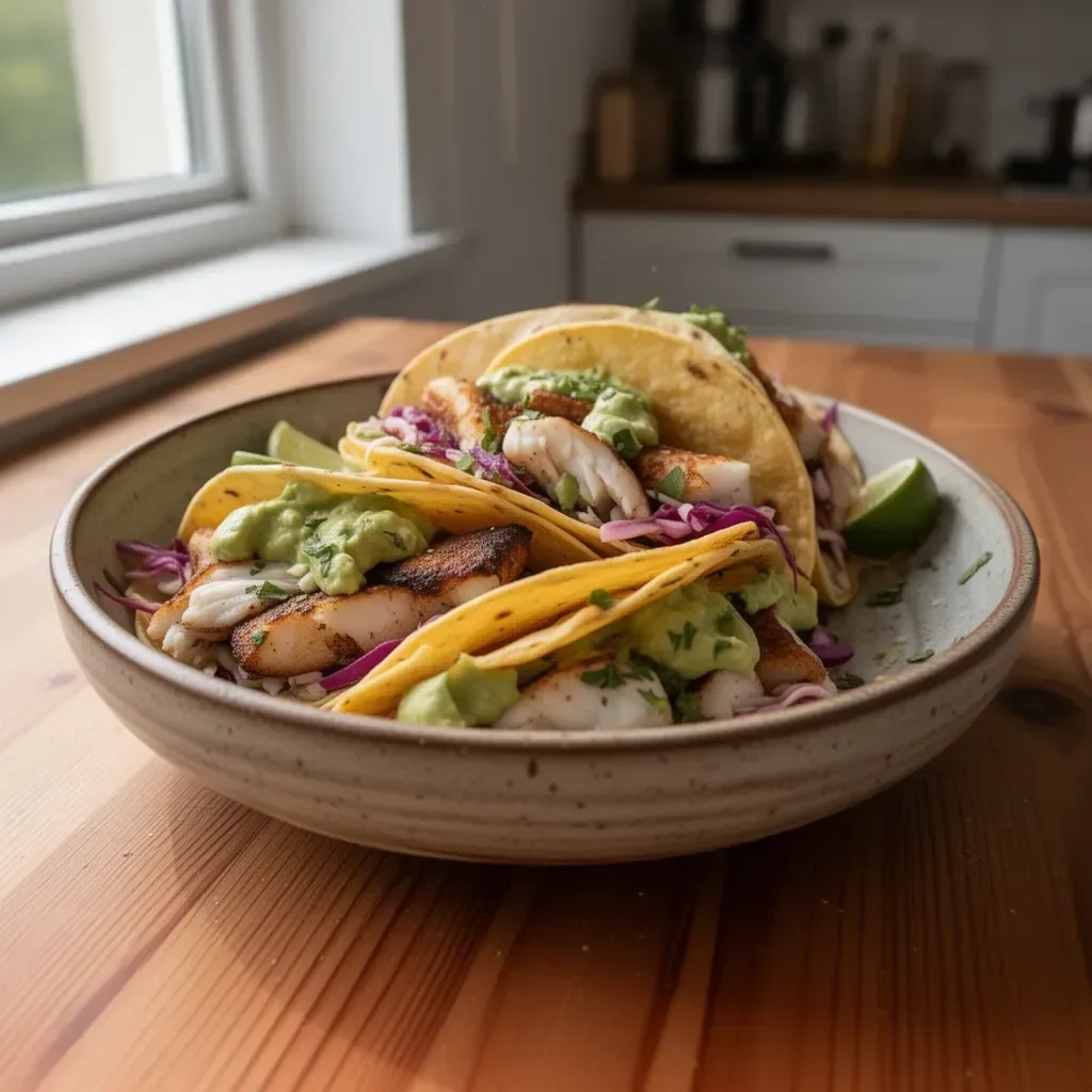 Czarnione tacos z rybą podane z sosem awokadowym