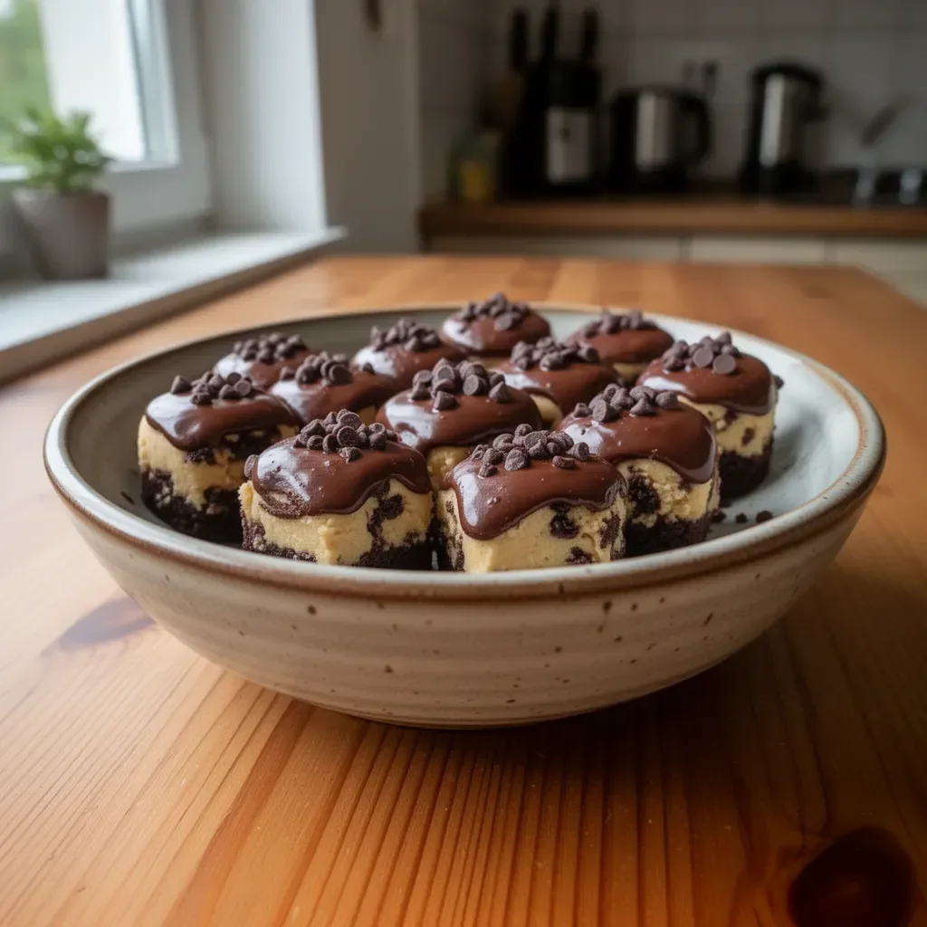 Czekoladowe ciastka brownie z surowym ciastem na talerzu