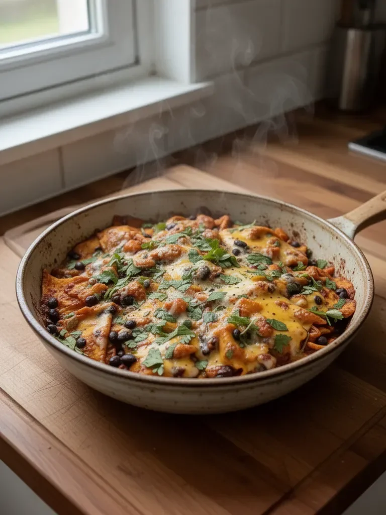 Enchilada z dyni piżmowej i czarną fasolką w patelni