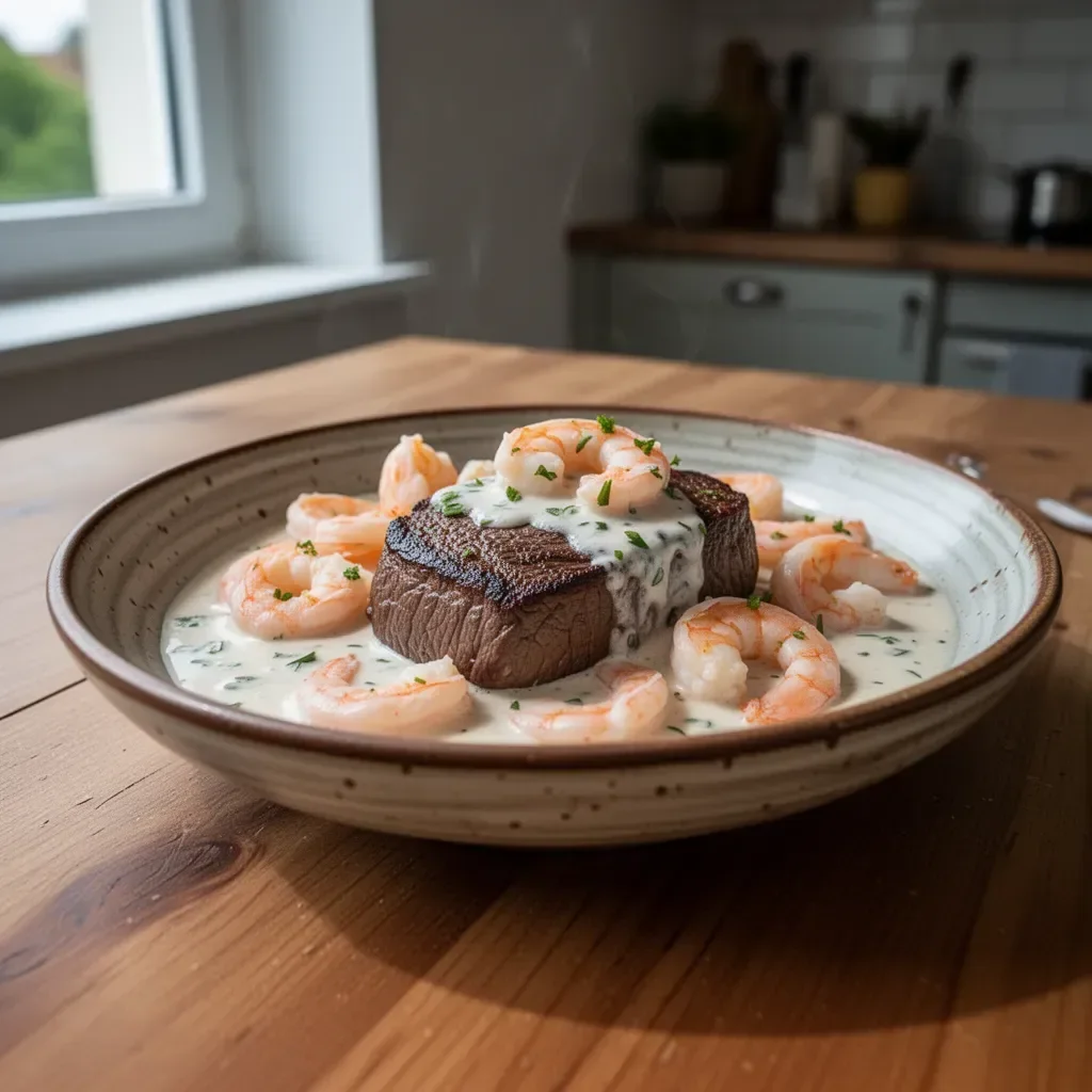 Filet Mignon z Krewetkami i Sosem Śmietanowym z Homara na talerzu