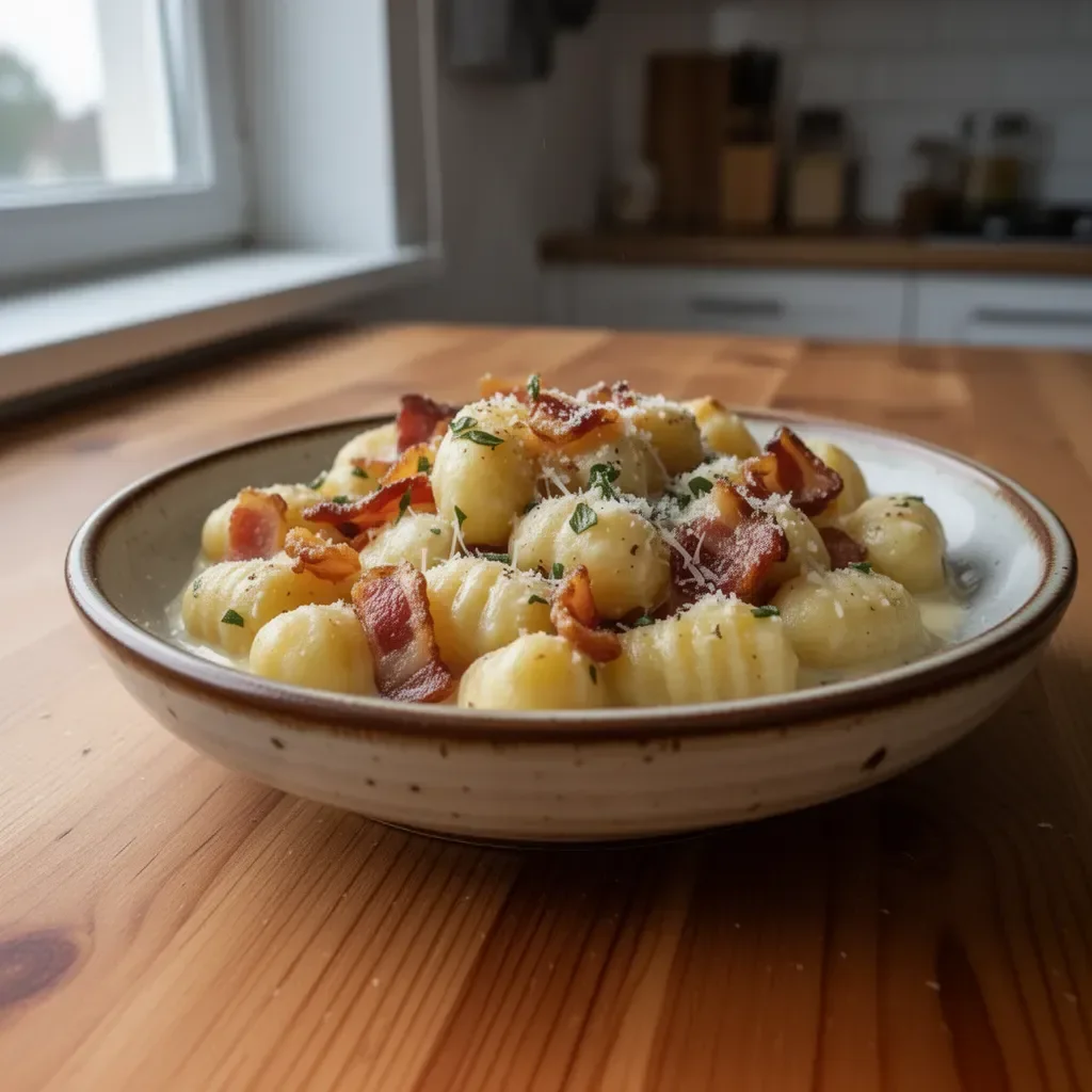 Gnocchi carbonara z boczkiem i parmezanem na talerzu
