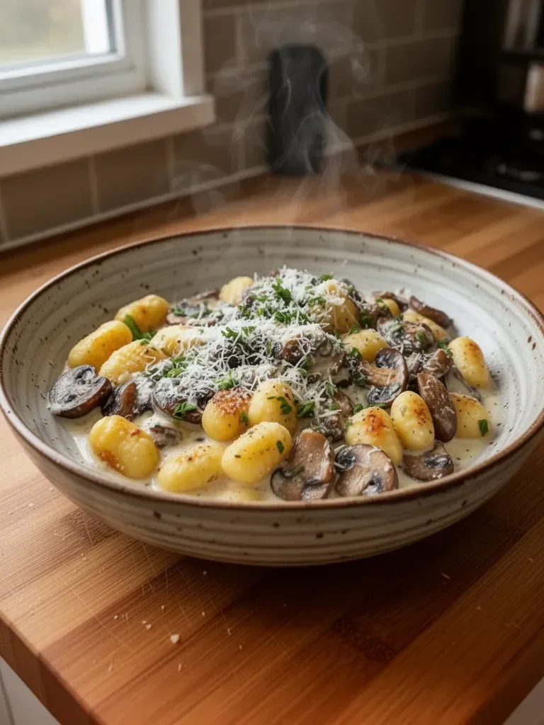 Gnocchi with mushrooms in Parmesan sauce