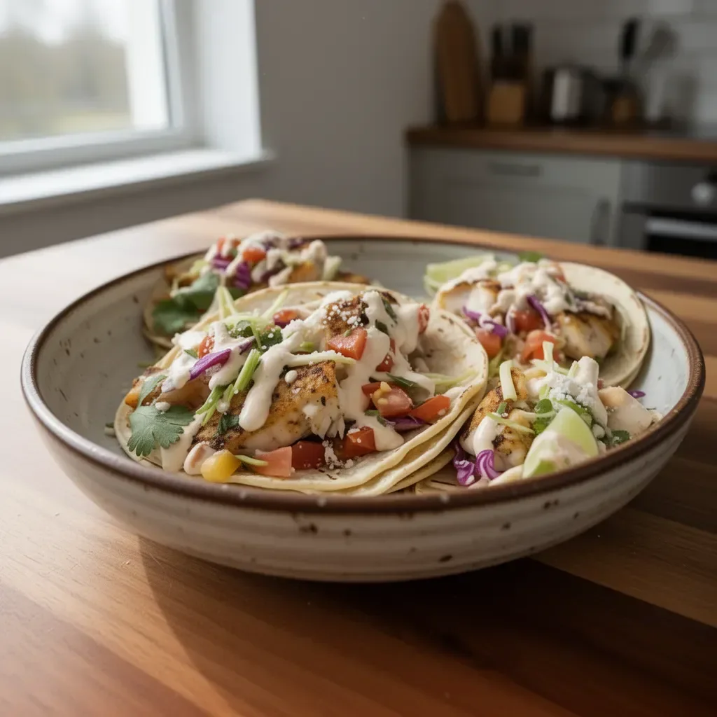 Grillowane tacos rybne z świeżymi składnikami na talerzu.