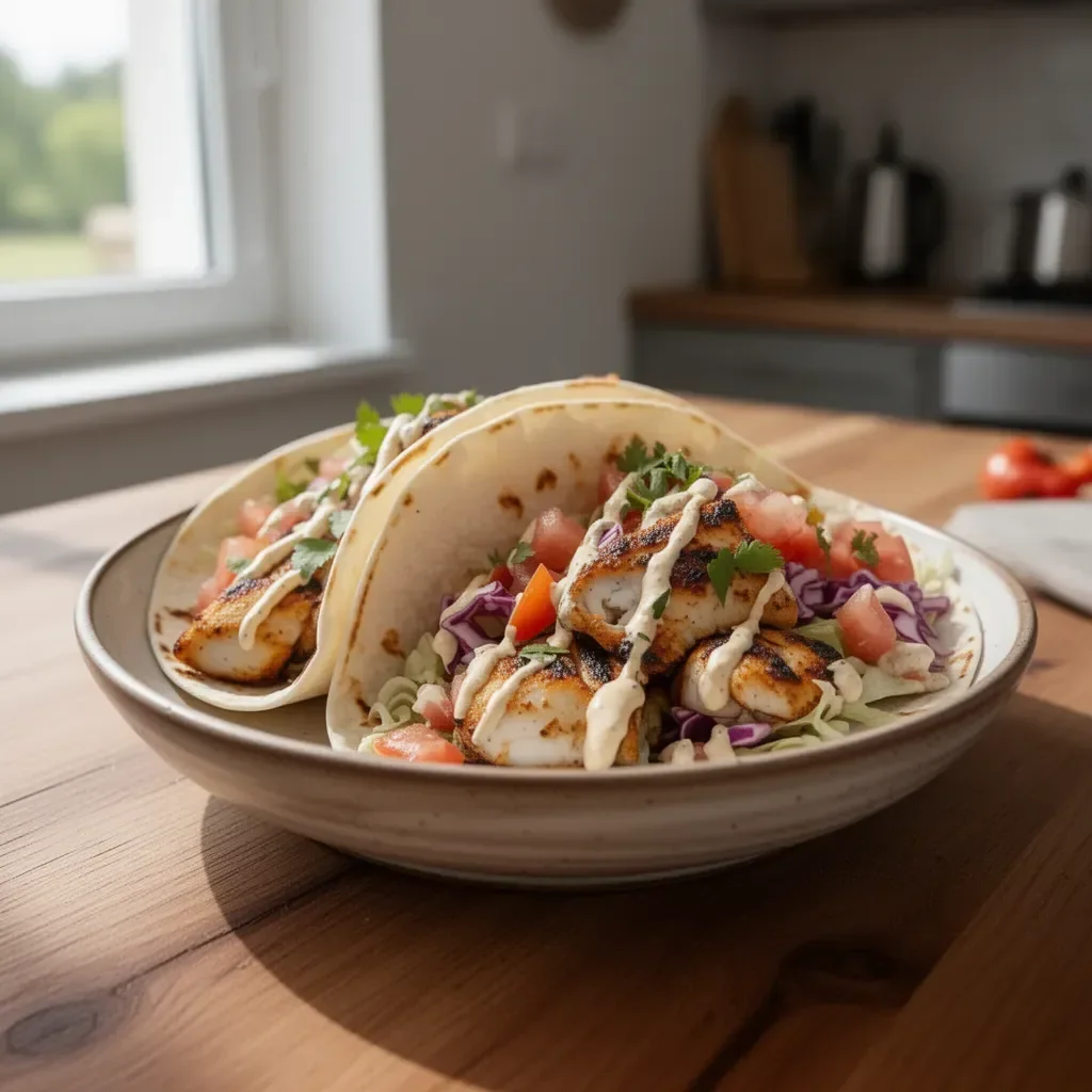 Grillowane tacos rybne z dodatkami na talerzu
