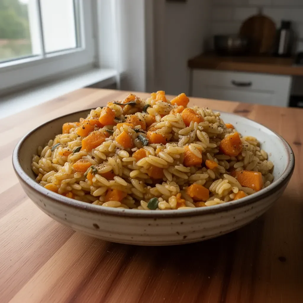 Garnkowe orzo z brązowym masłem i dynią piżmową w jednym garnku