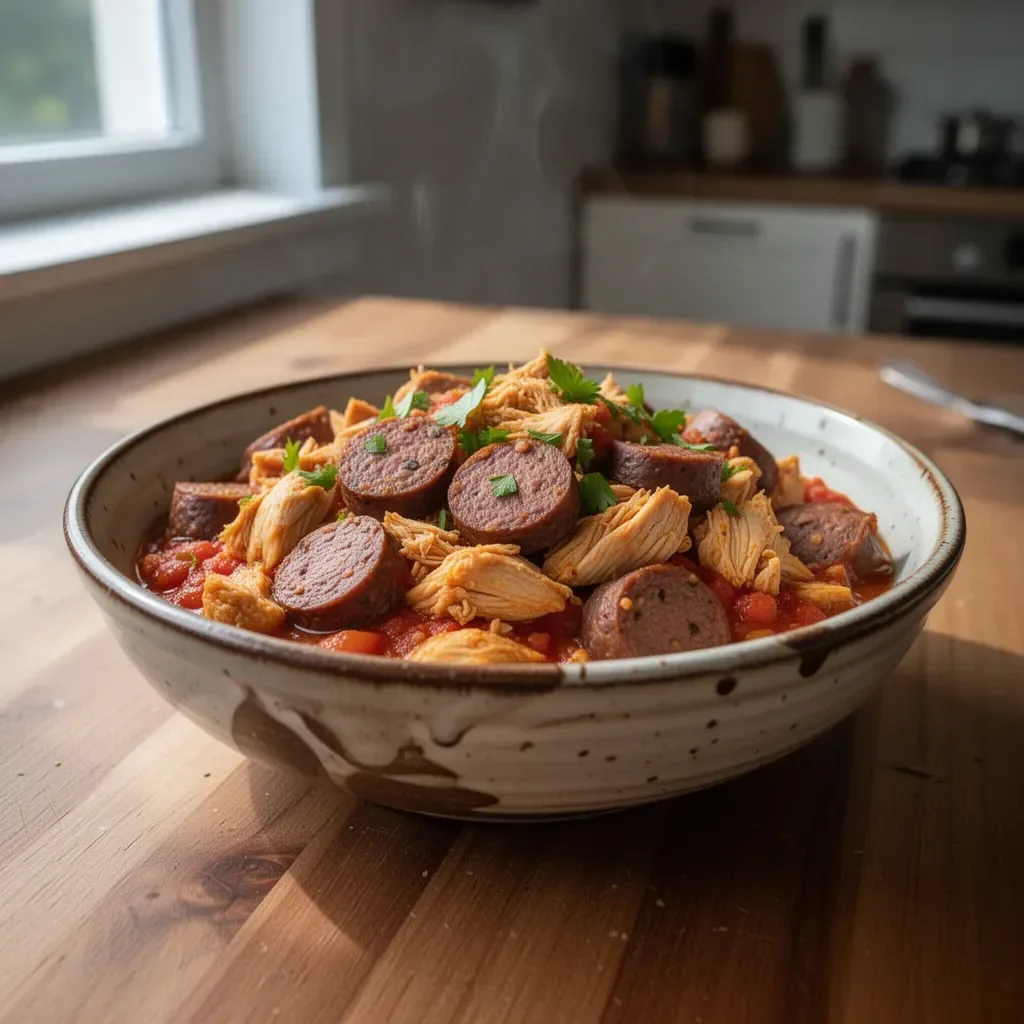 Kaszanka meksykańska z kurczakiem na talerzu, apetyczne danie.