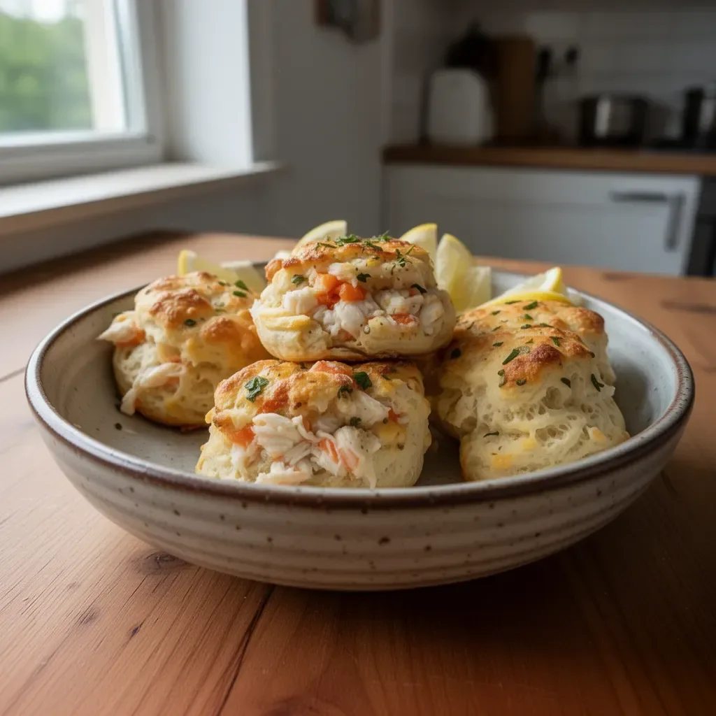 Krabowe bułeczki cheddar z masłem cytrynowym na talerzu