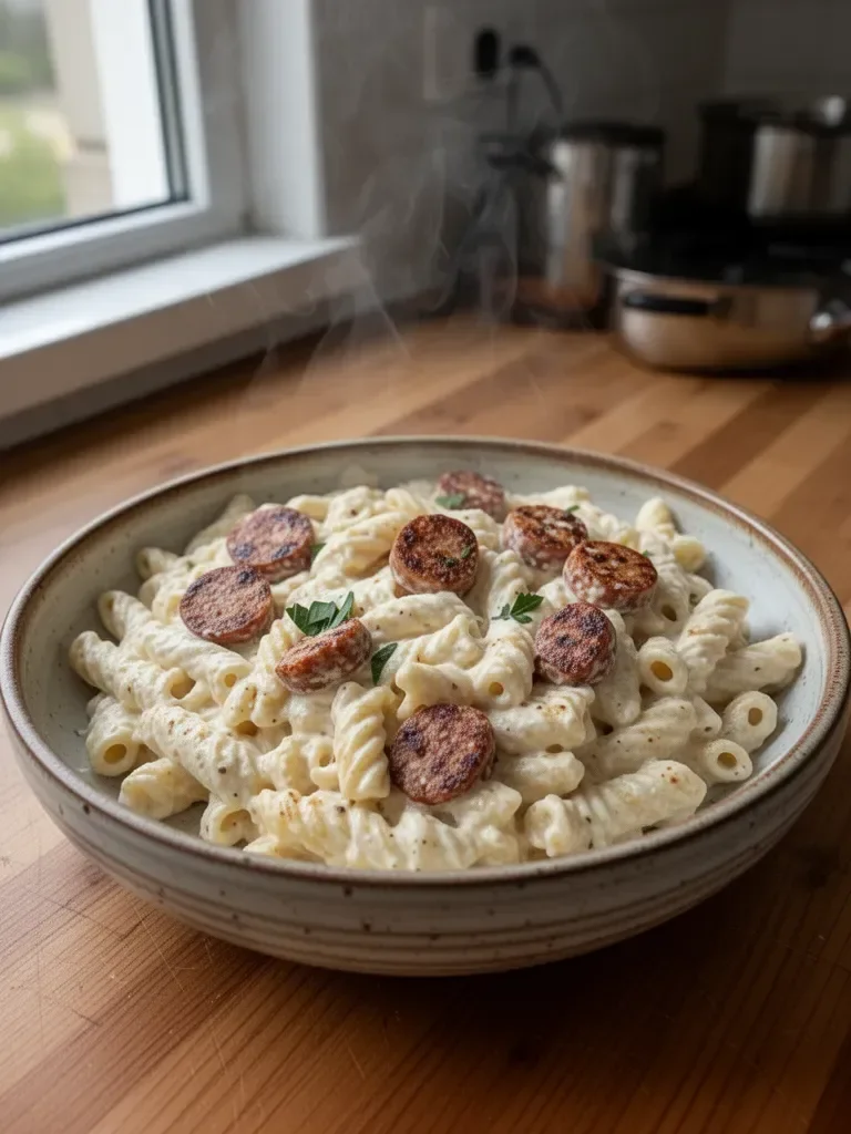 Kremowy makaron Alfredo z kiełbasą Cajun wędzoną