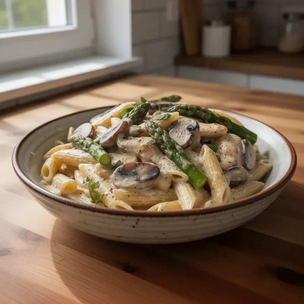Kremowy makaron penne z kurczakiem, szparagami i pieczarkami na talerzu