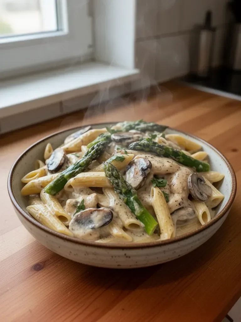 Kremowy makaron penne z kurczakiem, szparagami i pieczarkami