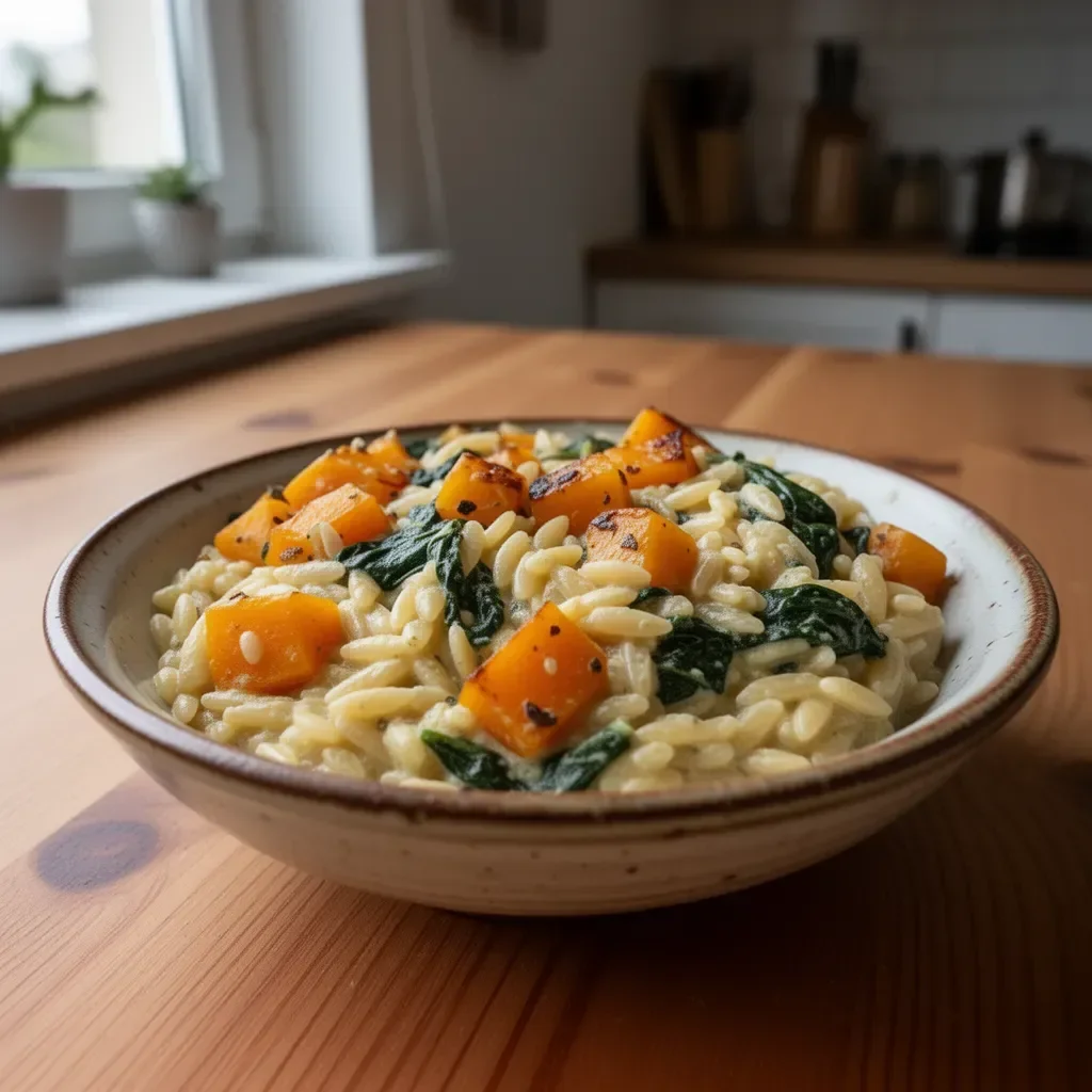 Kremowe orzo z pieczonym miąższem dyni i szpinakiem w talerzu