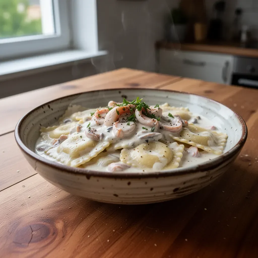 Kremowy sos do ravioli z homarem podany na talerzu