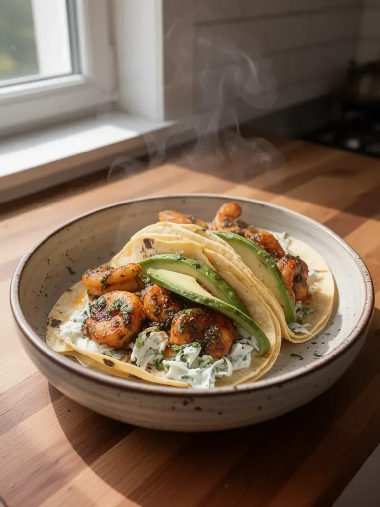 Krewetki Tacos z Kolendrą i Limonką z Kremową Sławą