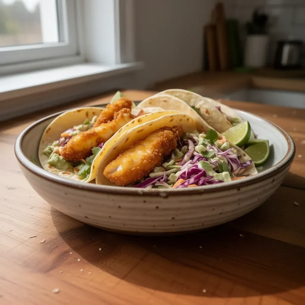 Kruche tacos rybne z kolendrą i limonką na talerzu