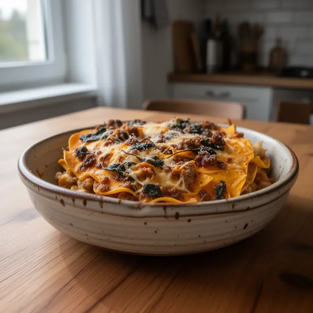 Lasagna casserole z dynią piankową podawana na talerzu