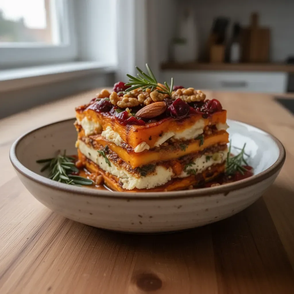 Lasagne z warzyw: słodkie ziemniaki, dynia piżmowa i marchewka na talerzu
