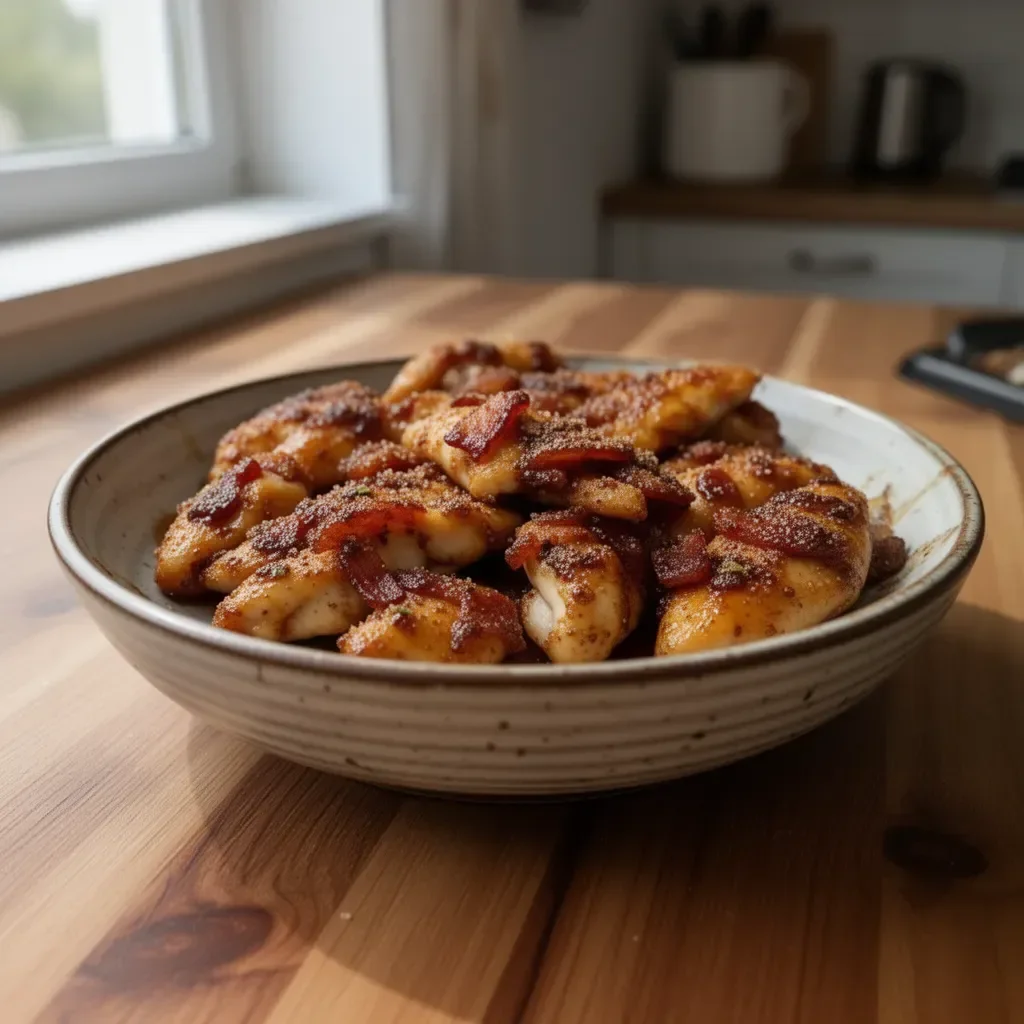 Domowe tendersy z kurczaka z boczkiem i brązowym cukrem na talerzu