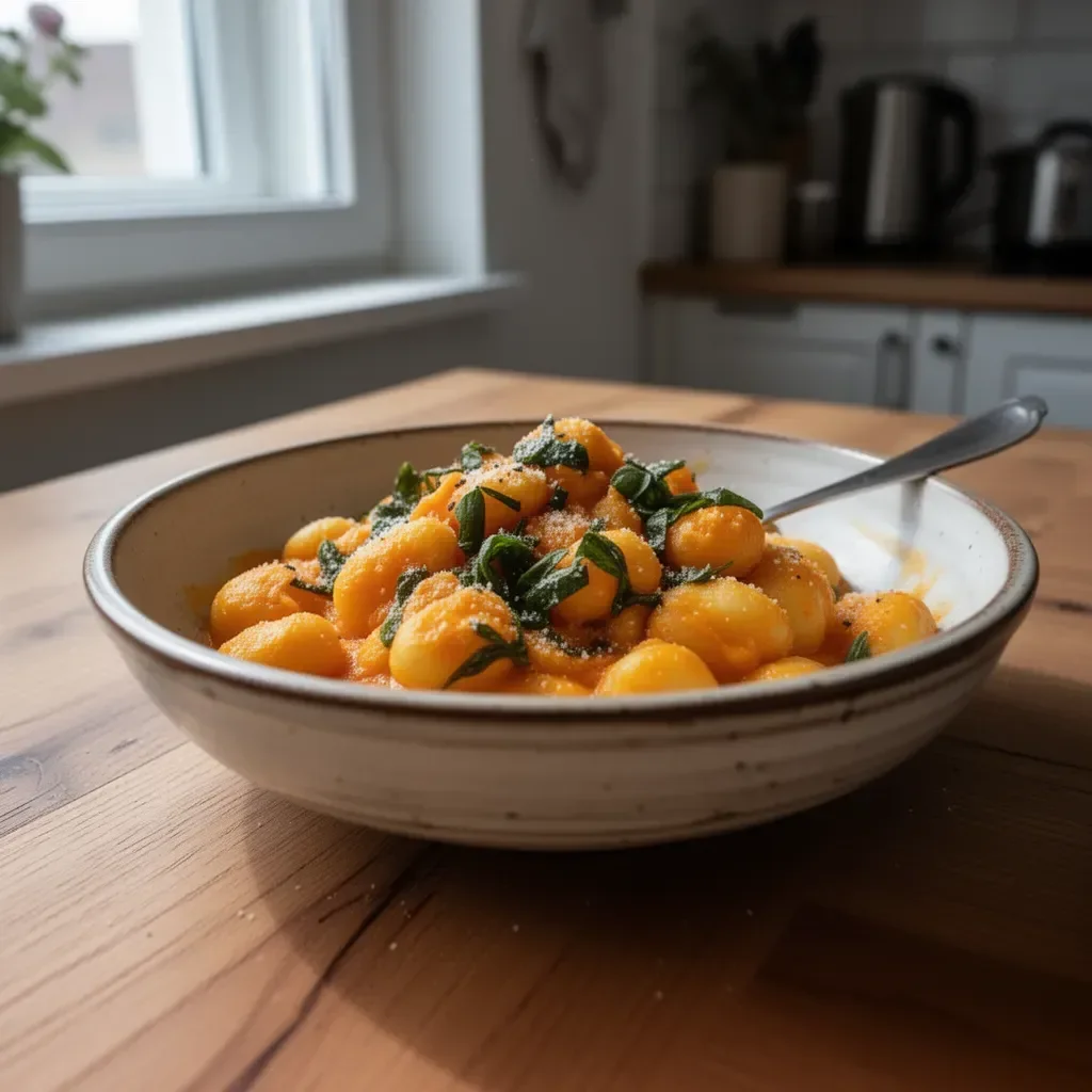 Łatwe gnocchi z dyni masłowej podane w talerzu z sosem