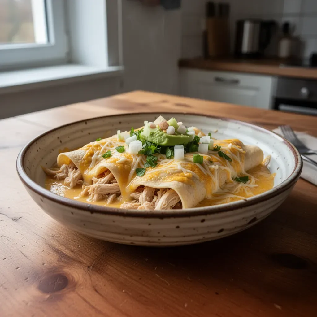 Łatwe kremowe enchiladas z kurczakiem na talerzu