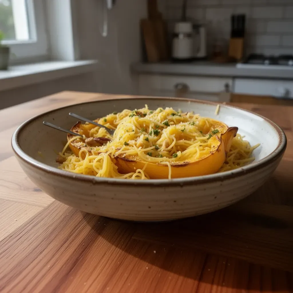 Łatwa pieczona dynia spaghetti na talerzu z przyprawami.