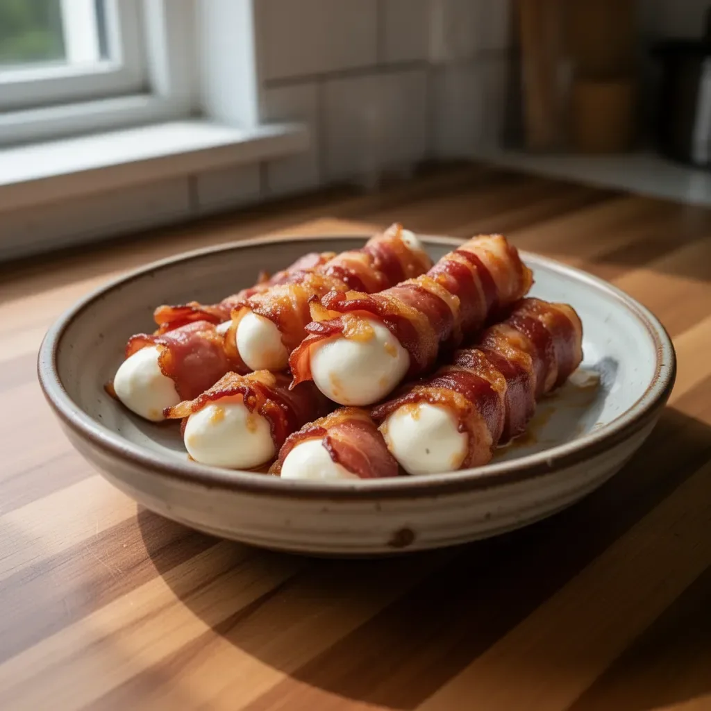 Łatwe skórki mozzareli owijane bekonem na talerzu