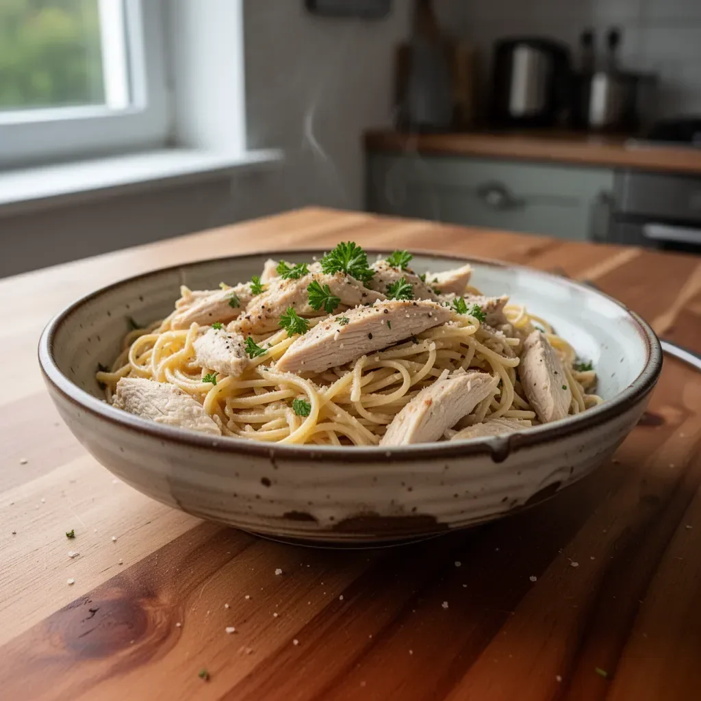 Łatwe Tetrazzini z Kurczaka - pyszna potrawa z makaronem i kurczakiem.