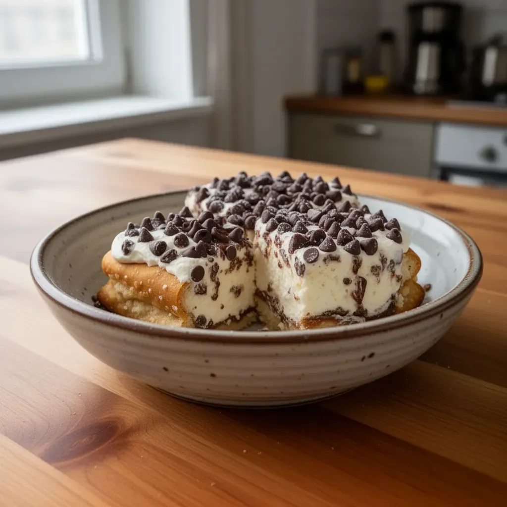 Łatwy tort cannoli z kremem i kawałkami czekolady