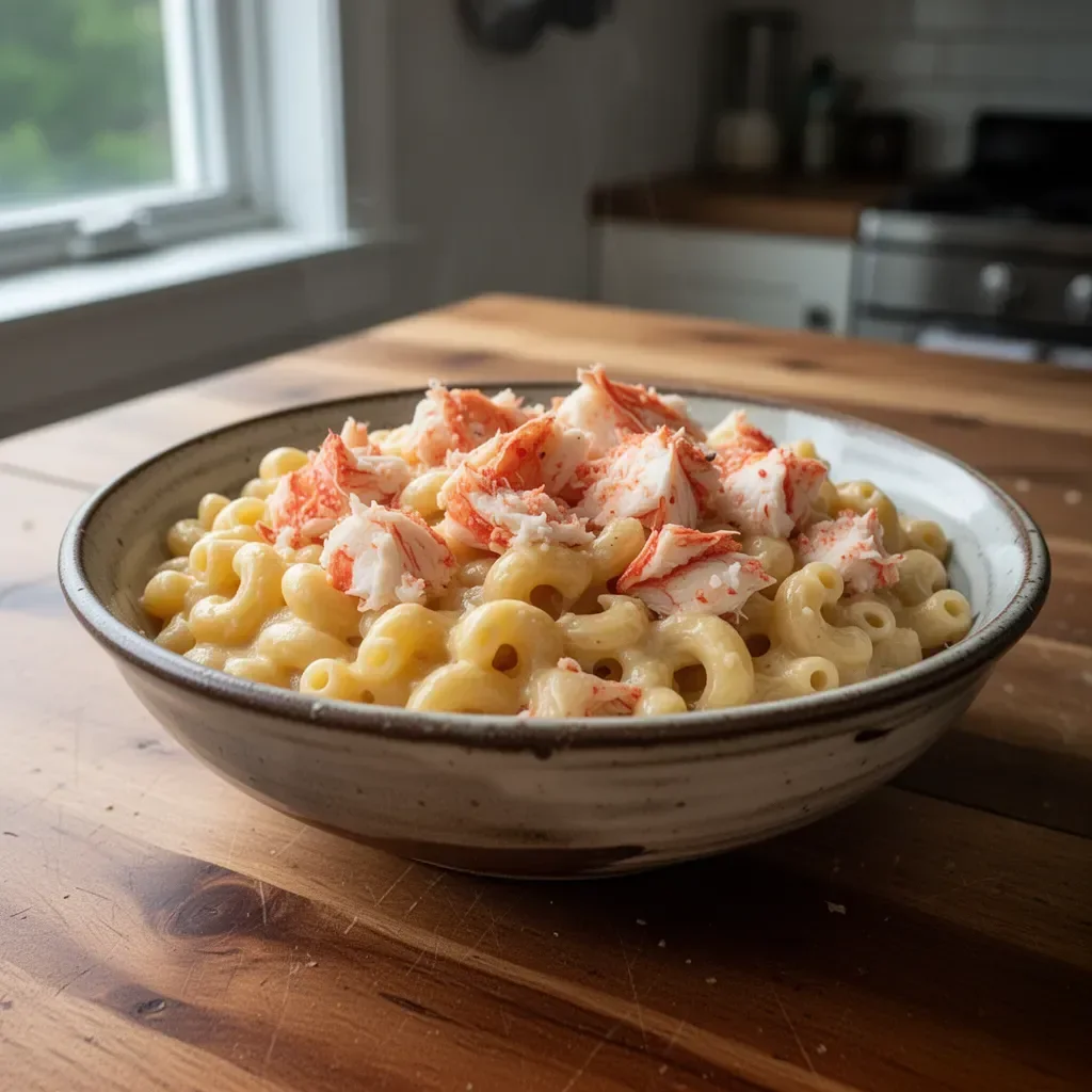Lobster Mac and Cheese z homarem i serem na talerzu