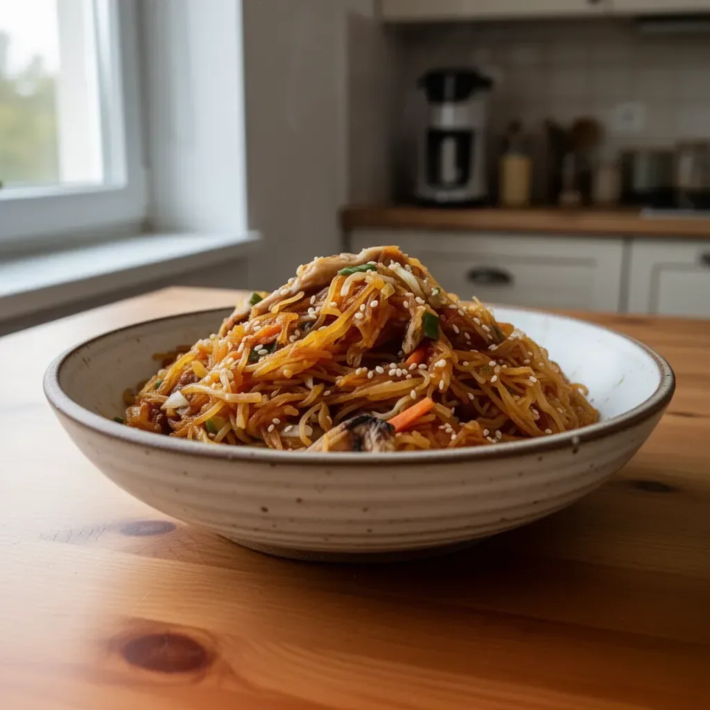 Makaron smażony z dyni spaghetti podany na talerzu z dodatkami.